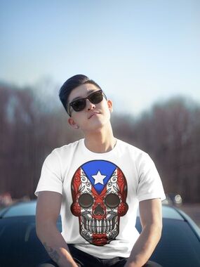 White Graphic Skull Tee with Red & Blue Puerto Rican Details
